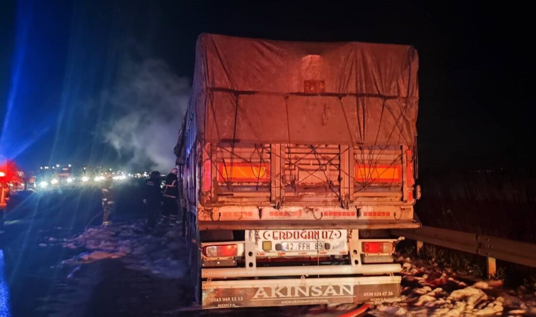 Bursa’nın Karacabey ilçesinde seyir halindeyken alev alan buğday yüklü TIR,