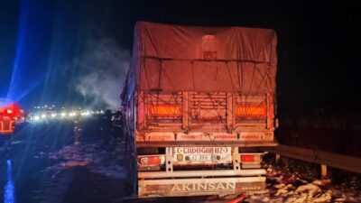 Bursa’nın Karacabey ilçesinde seyir halindeyken alev alan buğday yüklü TIR,