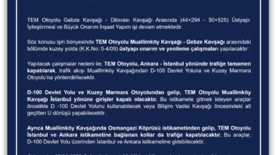 KOCAELİ / TEKHA Kocaeli Valiliği, TEM Otoyolu Gebze Kavşağı –