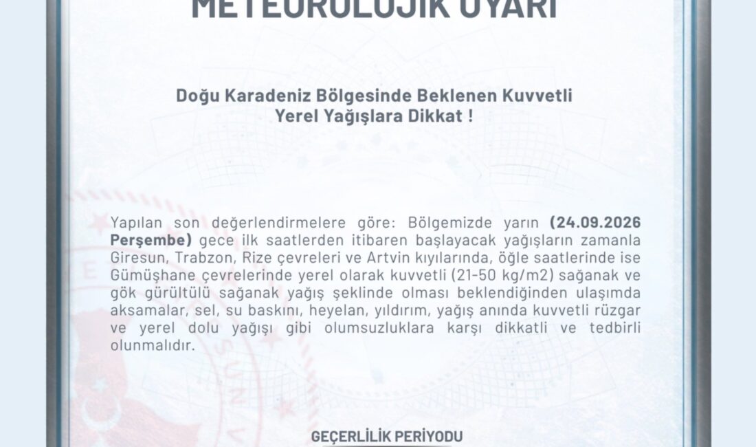 Meteoroloji Genel Müdürlüğü’nün son verilerini duyuran Giresun Valiliği, Doğu Karadeniz