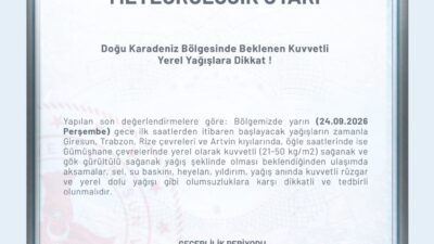 Meteoroloji Genel Müdürlüğü’nün son verilerini duyuran Giresun Valiliği, Doğu Karadeniz