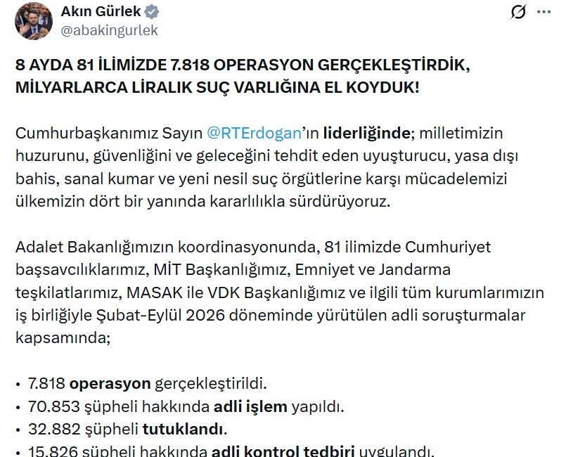 Adalet Bakanı Akın Gürlek, uyuşturucu, yasa dışı bahis, sanal kumar