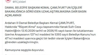 İçişleri Bakanlığı, adli soruşturma çerçevesinde tutuklanan Ardahan’ın Damal İlçe Belediye