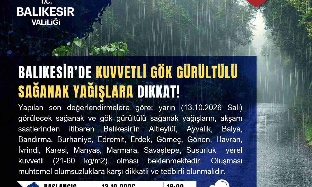 Meteorolojik veriler doğrultusunda Balıkesir genelinde beklenen gök gürültülü sağanak yağış
