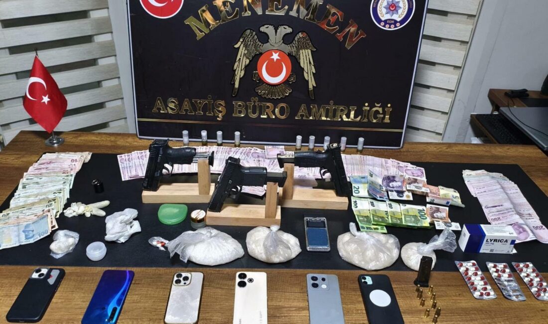 İzmir’in Menemen ilçesinde emniyet güçleri, uyuşturucu madde ve yasa dışı