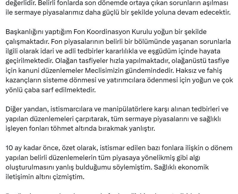 Cumhurbaşkanı Yardımcısı Cevdet Yılmaz, sermaye piyasalarındaki sorunlu fonların tasfiye sürecinin