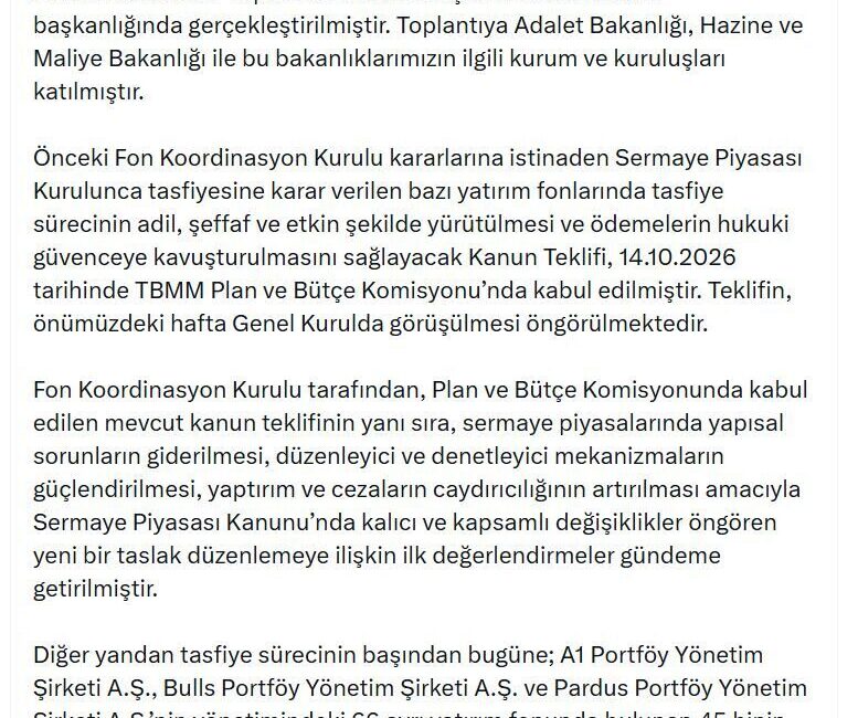 Cumhurbaşkanı Yardımcısı Cevdet Yılmaz başkanlığında toplanan Fon Kurulu, tasfiye sürecindeki
