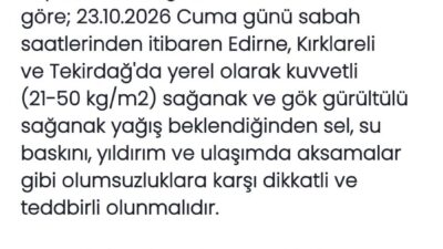 Kırklareli Valiliği, Meteoroloji Genel Müdürlüğü tarafından paylaşılan son veriler ışığında