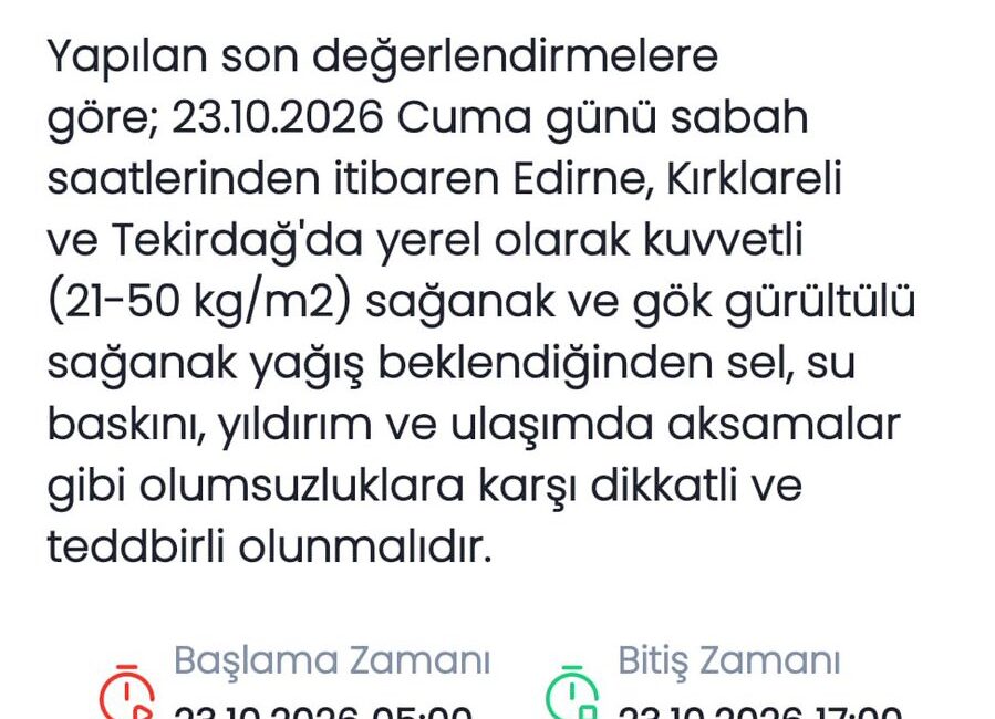 Kırklareli Valiliği, Meteoroloji Genel Müdürlüğü tarafından paylaşılan son veriler ışığında