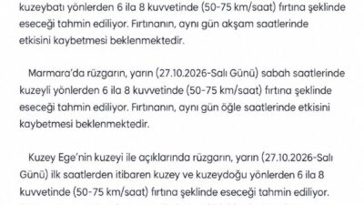 Kırklareli Valiliği, bölge genelinde denizlerde yaşanması muhtemel hava muhalefeti hakkında