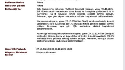 Yalova Valiliği, Meteoroloji Genel Müdürlüğü 1. Bölge Müdürlüğü’nden alınan güncel