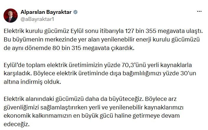 Türkiye'nin toplam elektrik kurulu gücü 127 bin 355 megavata ulaşırken,